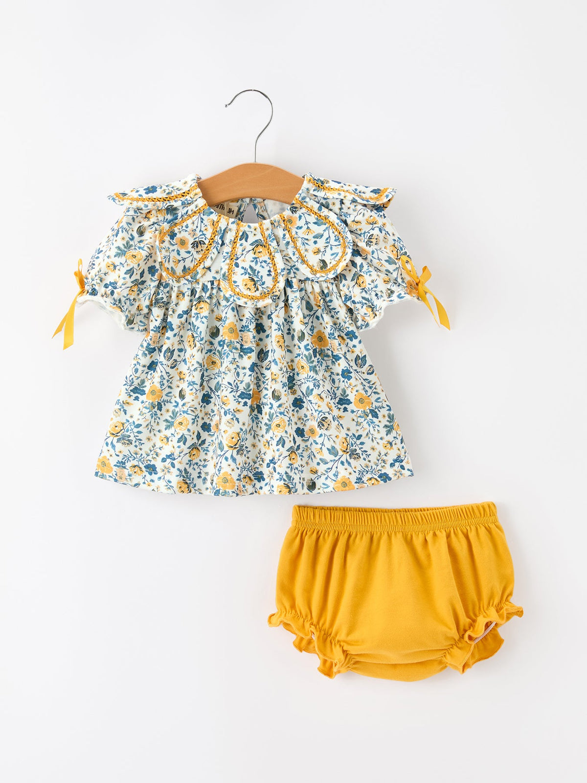 Rylee Faith Designs - Floral Girls Outfit Set Yellow Puff Sleeve Top Bloomers Set