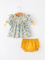 Rylee Faith Designs - Floral Girls Outfit Set Yellow Puff Sleeve Top Bloomers Set