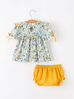 Rylee Faith Designs - Floral Girls Outfit Set Yellow Puff Sleeve Top Bloomers Set - alternate view 2