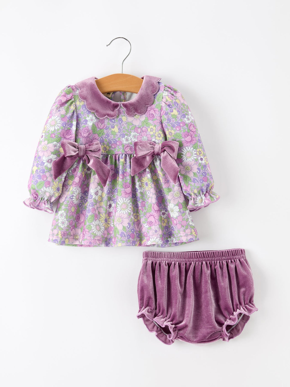 Rylee Faith Designs - Purple Floral Velvet Baby Girl Outfit Set Ruffle Bow Bloomers