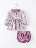 Rylee Faith Designs - Purple Floral Velvet Baby Girl Outfit Set Ruffle Bow Bloomers - alternate view 2