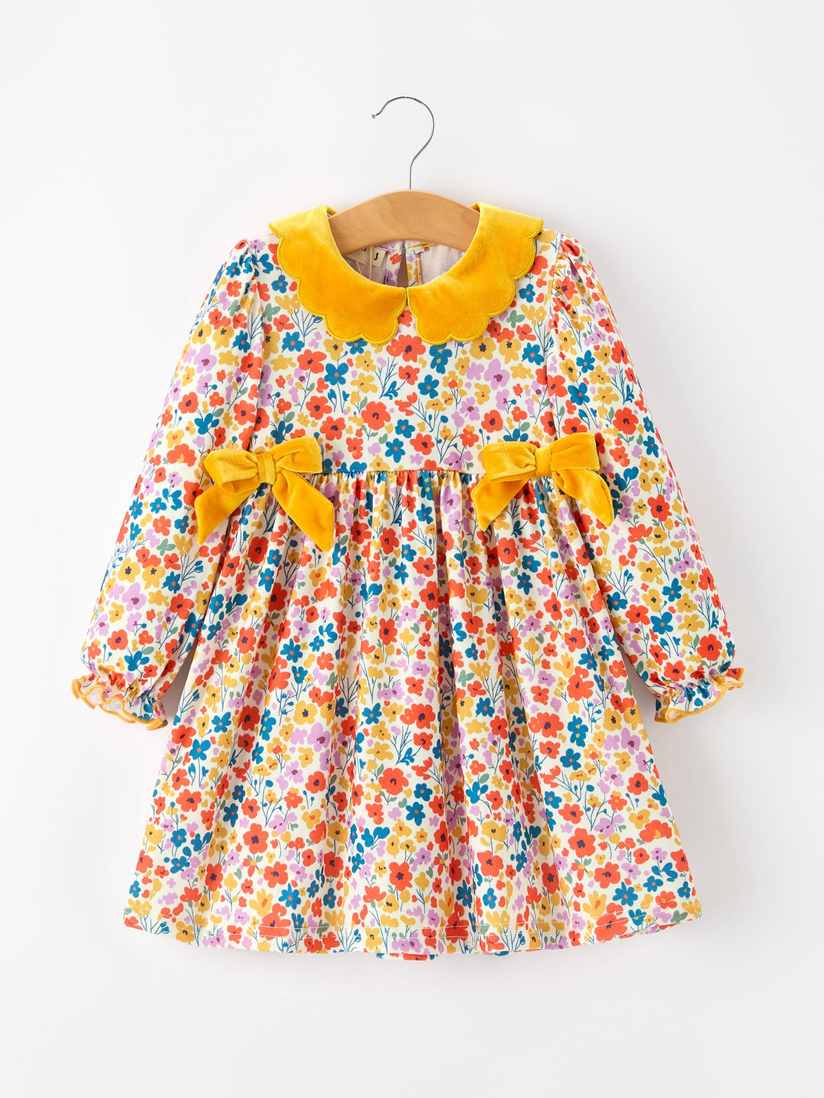 Rylee Faith Designs - Floral Girls Dress Yellow Velvet Collar Bow Puff Sleeve Dress
