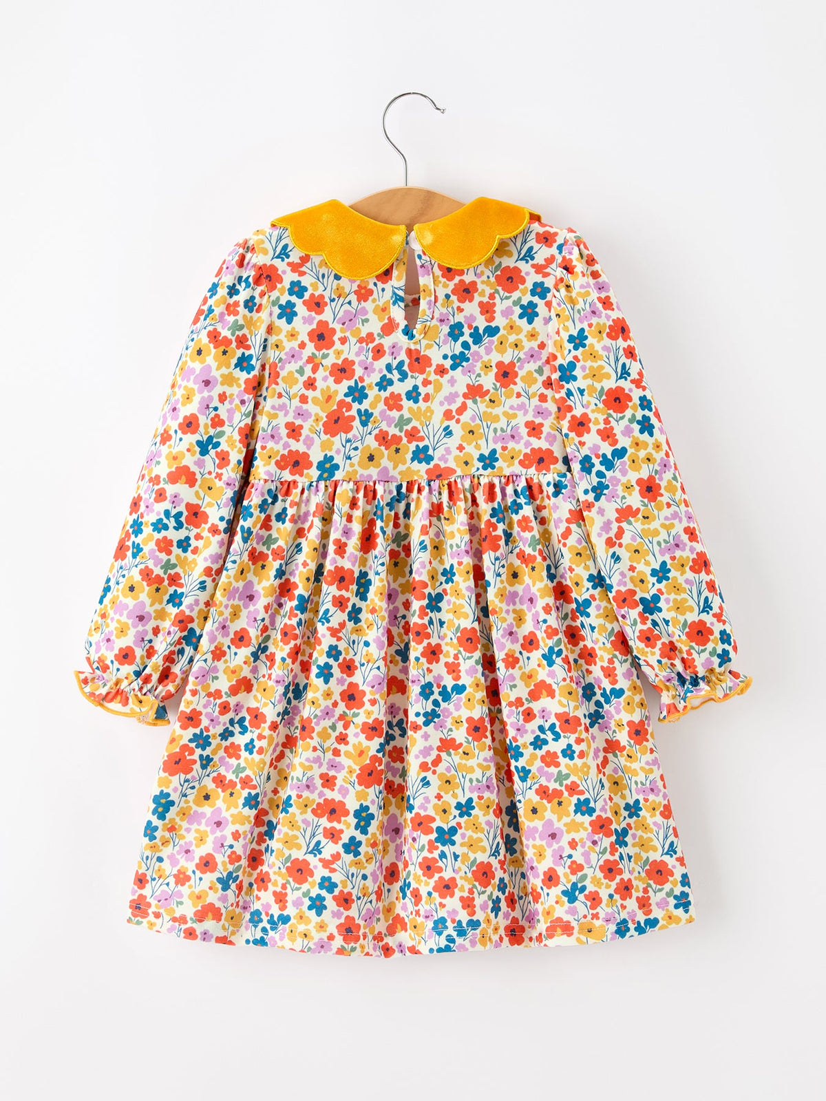 Rylee Faith Designs - Floral Girls Dress Yellow Velvet Collar Bow Puff Sleeve Dress - alternate view 2