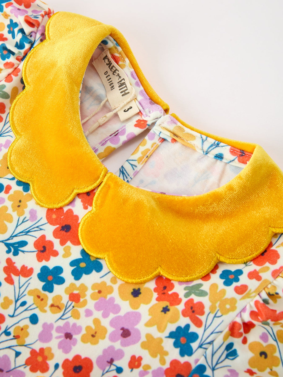 Rylee Faith Designs - Floral Girls Dress Yellow Velvet Collar Bow Puff Sleeve Dress - alternate view 3