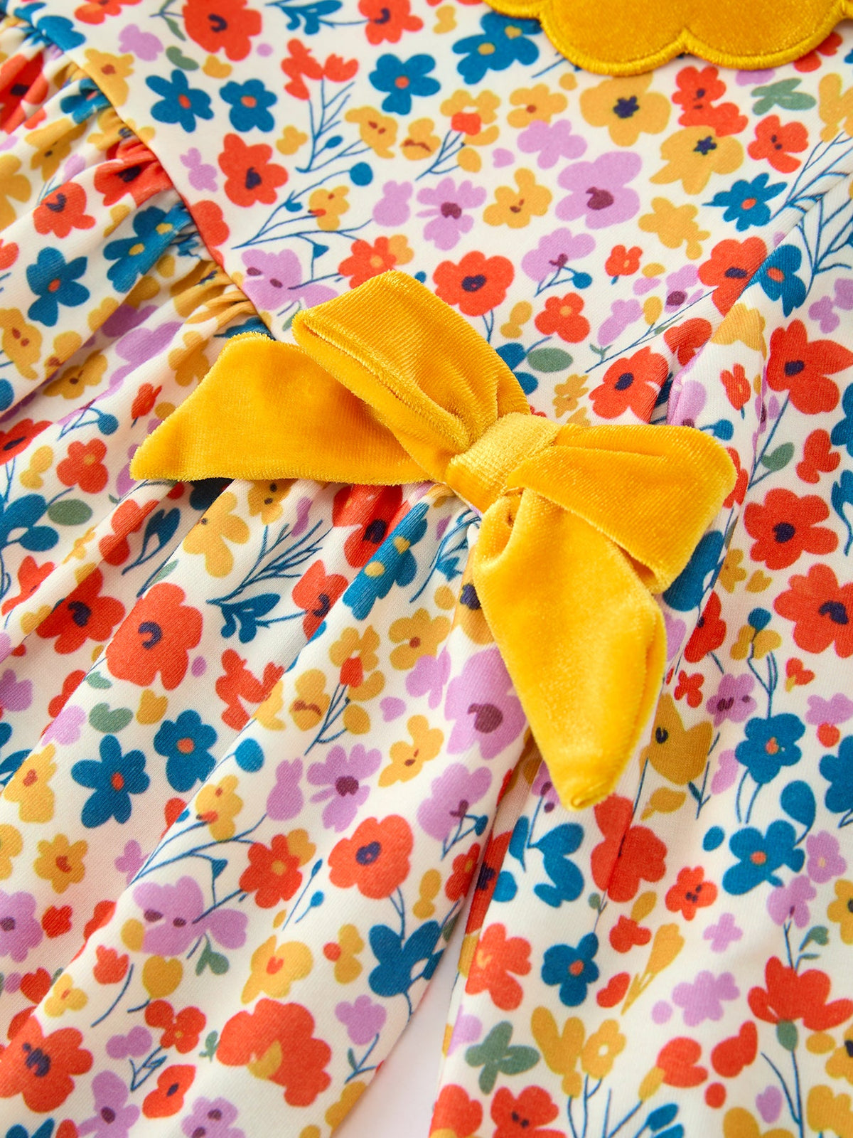 Rylee Faith Designs - Floral Girls Dress Yellow Velvet Collar Bow Puff Sleeve Dress - alternate view 4