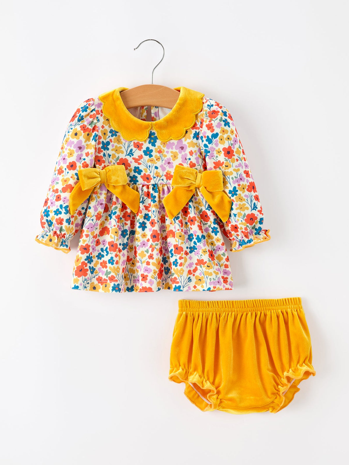 Rylee Faith Designs - Floral Baby Girl Outfit Set Yellow Velvet Collar Bow Bloomers