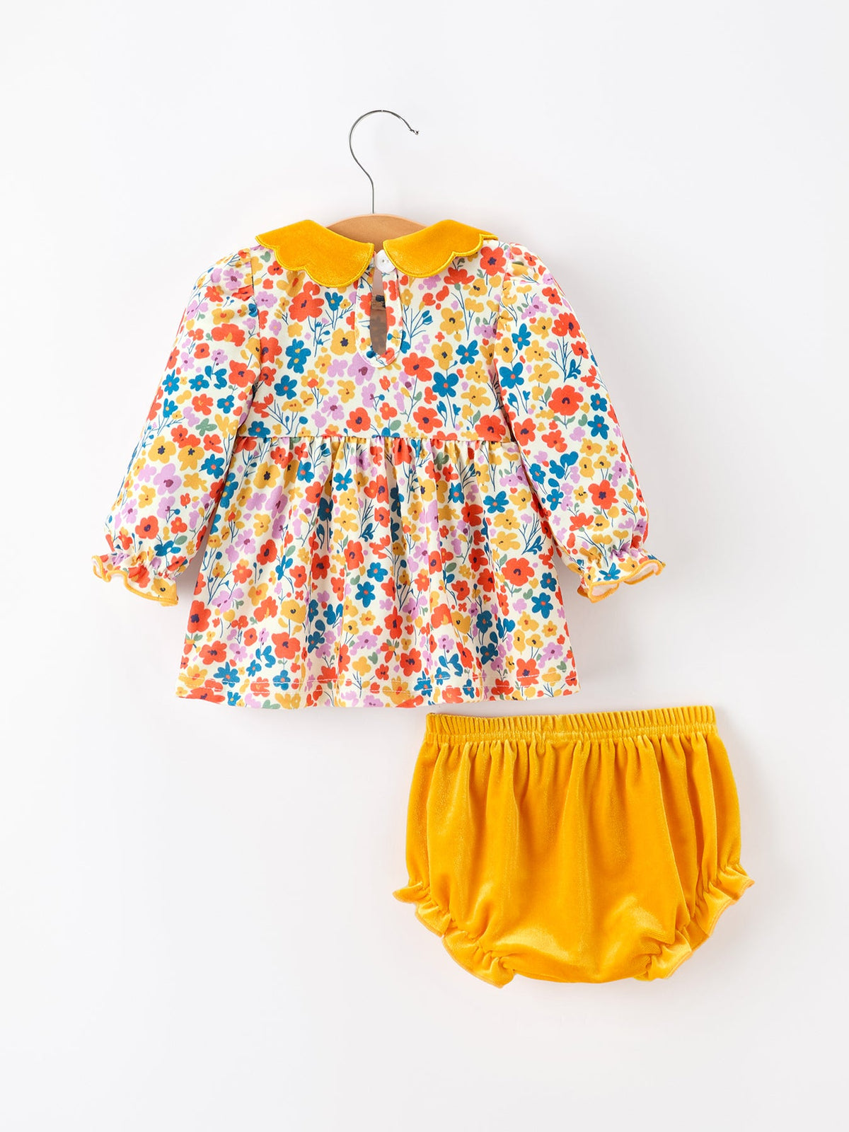 Rylee Faith Designs - Floral Baby Girl Outfit Set Yellow Velvet Collar Bow Bloomers - alternate view 2