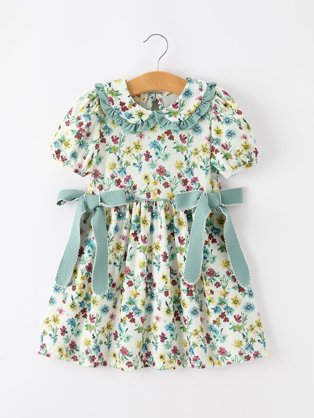 Rylee Faith Designs - Green Floral Girls Dress Petal Collar Bow Waist Puff Sleeve Dress