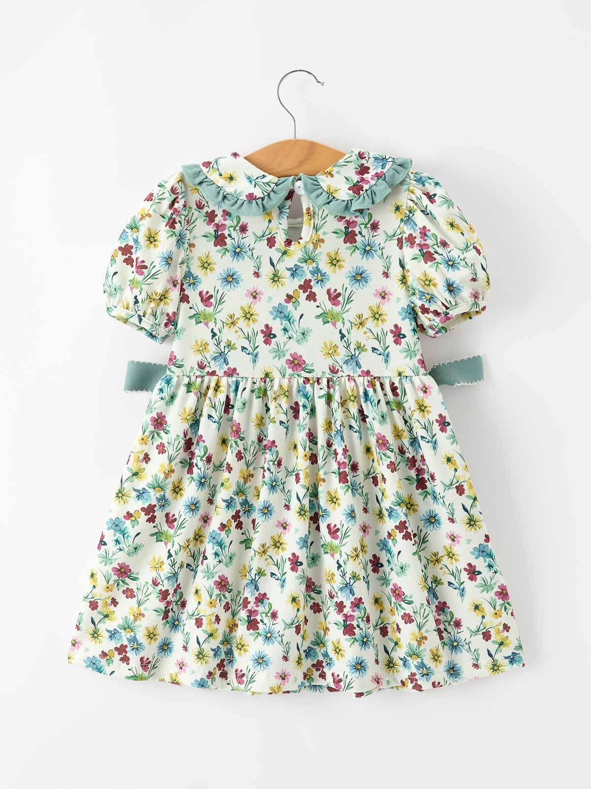Rylee Faith Designs - Green Floral Girls Dress Petal Collar Bow Waist Puff Sleeve Dress - alternate view 2