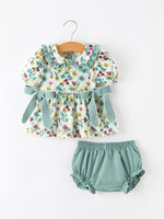 Rylee Faith Designs - Green Floral Girls Outfit Set Ruffle Collar Bow Baby Bloomer Set
