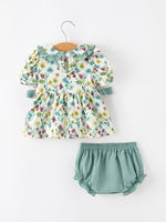 Rylee Faith Designs - Green Floral Girls Outfit Set Ruffle Collar Bow Baby Bloomer Set - alternate view 2