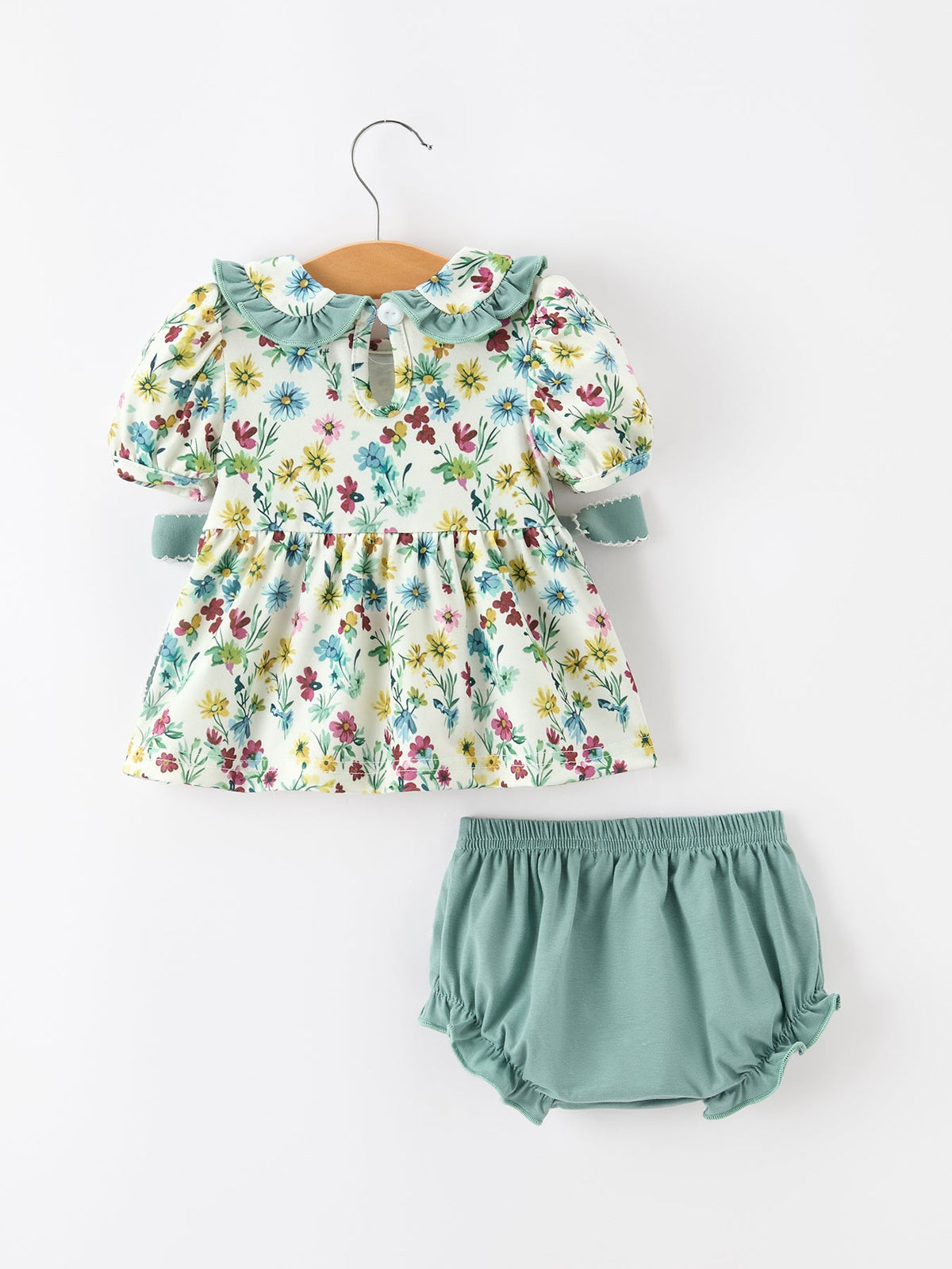 Rylee Faith Designs - Green Floral Girls Outfit Set Ruffle Collar Bow Baby Bloomer Set - alternate view 2
