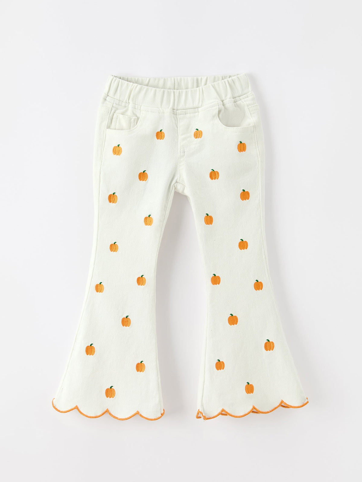 Rylee Faith Designs - Girls Pumpkin Embroidered Wide-Leg Pants Fall Scallop Hem Casual Pants