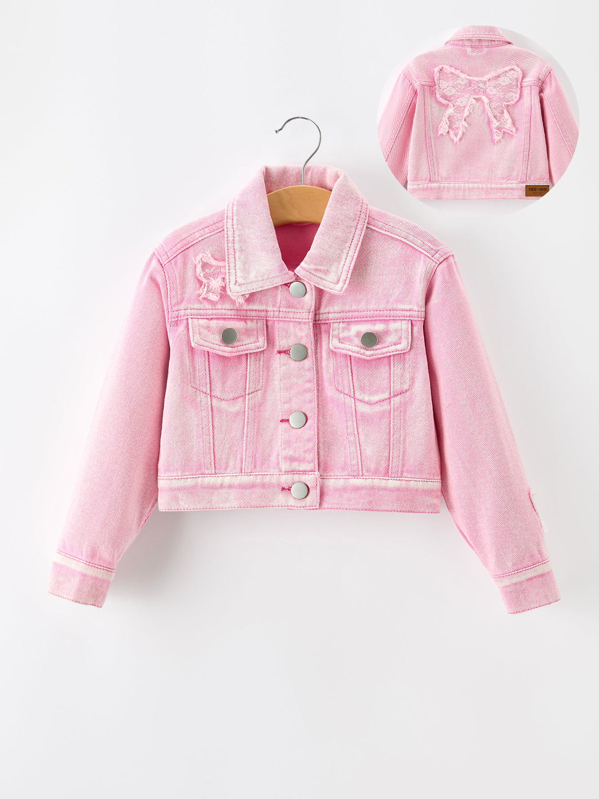 Rylee Faith Designs - Girls Pink Denim Jacket with Lace Bow Back Detail