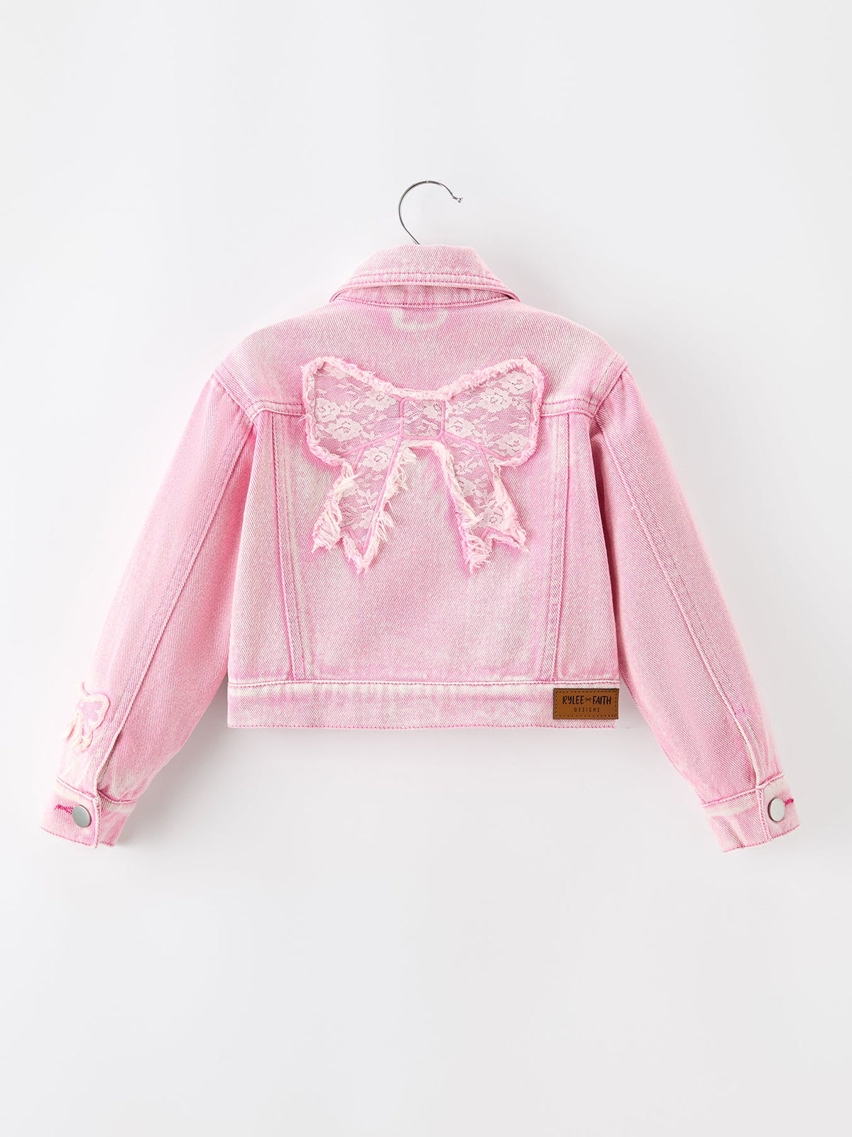 Rylee Faith Designs - Girls Pink Denim Jacket with Lace Bow Back Detail - alternate view 3
