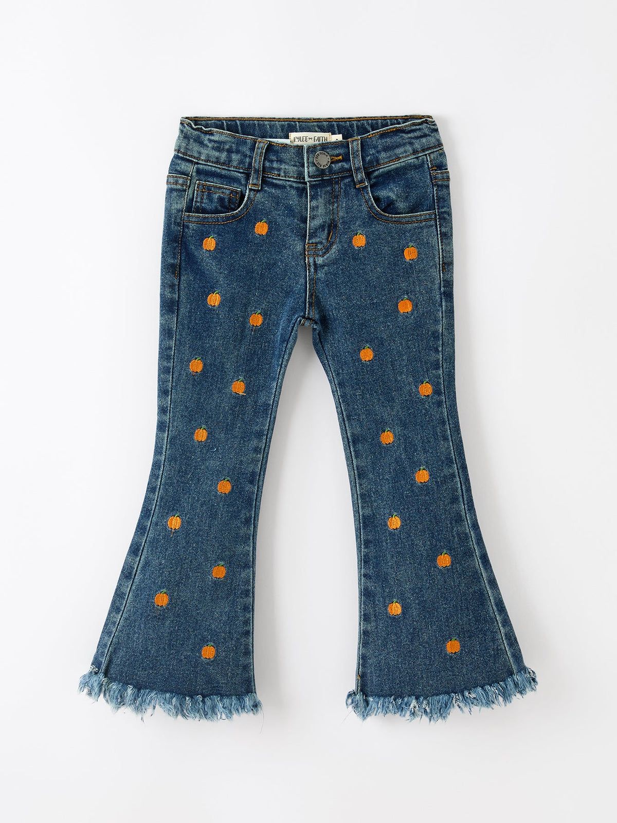 Rylee Faith Designs - Girls Pumpkin Embroidered Flare Jeans Fall Denim Pants with Fringe Hem - alternate view 5