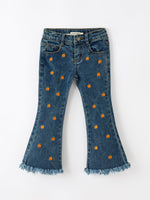 Rylee Faith Designs - Girls Pumpkin Embroidered Flare Jeans Fall Denim Pants with Fringe Hem - alternate view 5