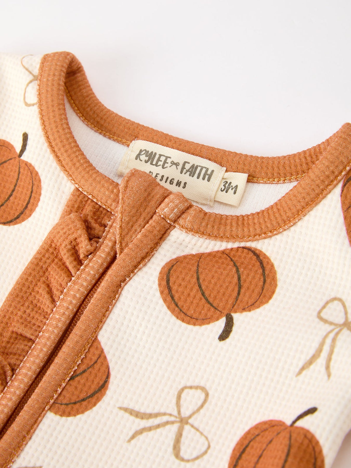 Rylee Faith Designs - Fall Thanksgiving Pumpkin Ruffle Zip Sleeper Waffle Jumpsuit - alternate view 3