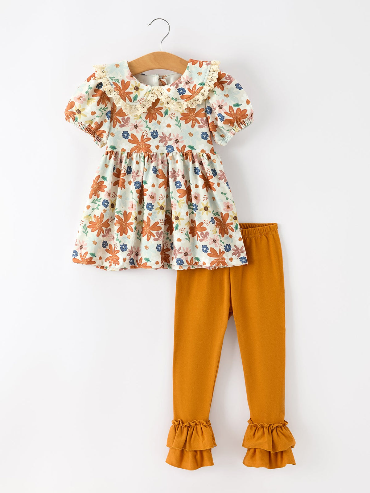Rylee Faith Designs - Fall Girls Floral Lace Collar Puff Sleeve Outfit Set