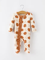 Rylee Faith Designs - Fall Thanksgiving Pumpkin Ruffle Zip Sleeper Waffle Jumpsuit