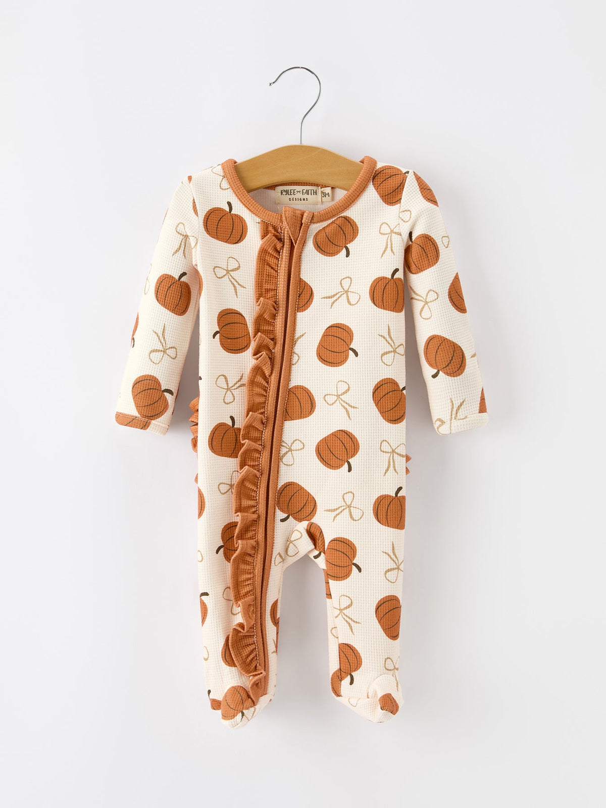 Rylee Faith Designs - Fall Thanksgiving Pumpkin Ruffle Zip Sleeper Waffle Jumpsuit