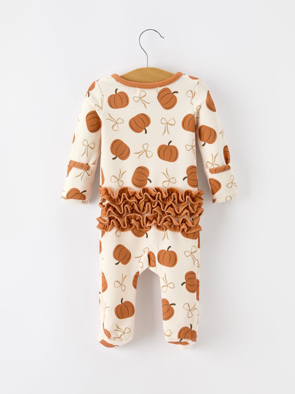 Rylee Faith Designs - Fall Thanksgiving Pumpkin Ruffle Zip Sleeper Waffle Jumpsuit - alternate view 2
