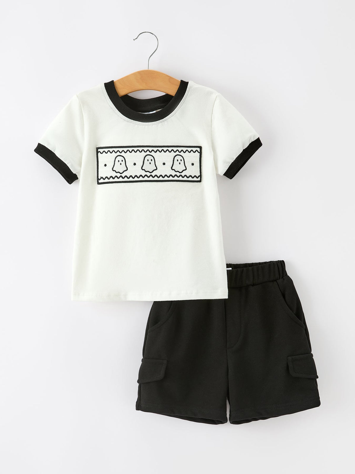 Rylee Faith Designs - Halloween Ghost Smocked Embroidered Tee Boys Short Set