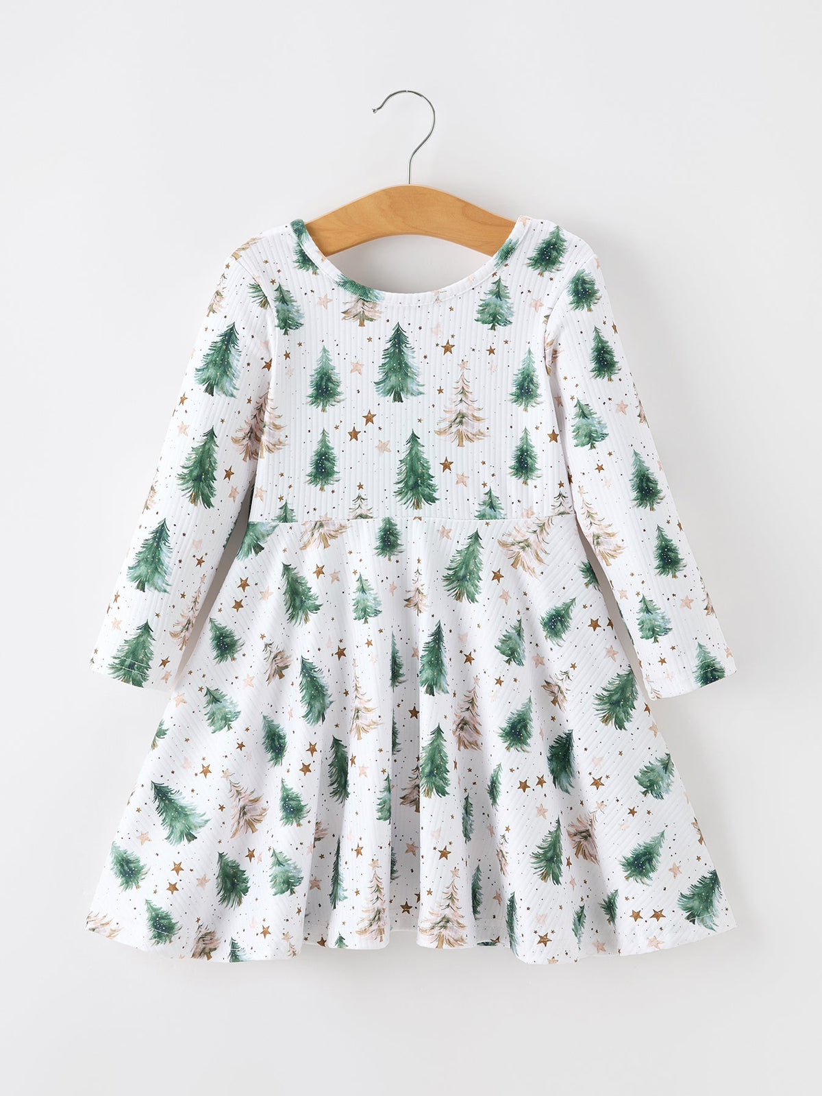 Rylee Faith Designs - Girls Christmas Tree & Star Ribbed Print Twirl Dress