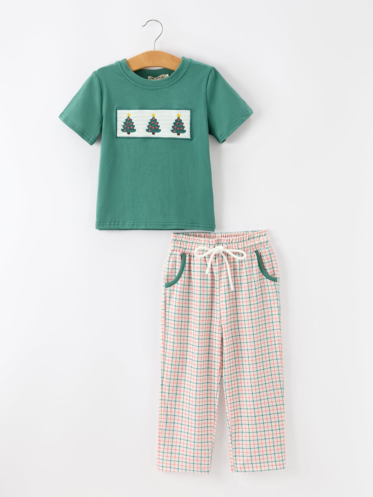 Rylee Faith Designs - Boys Christmas Embroidered T-Shirt & Plaid Pants Set
