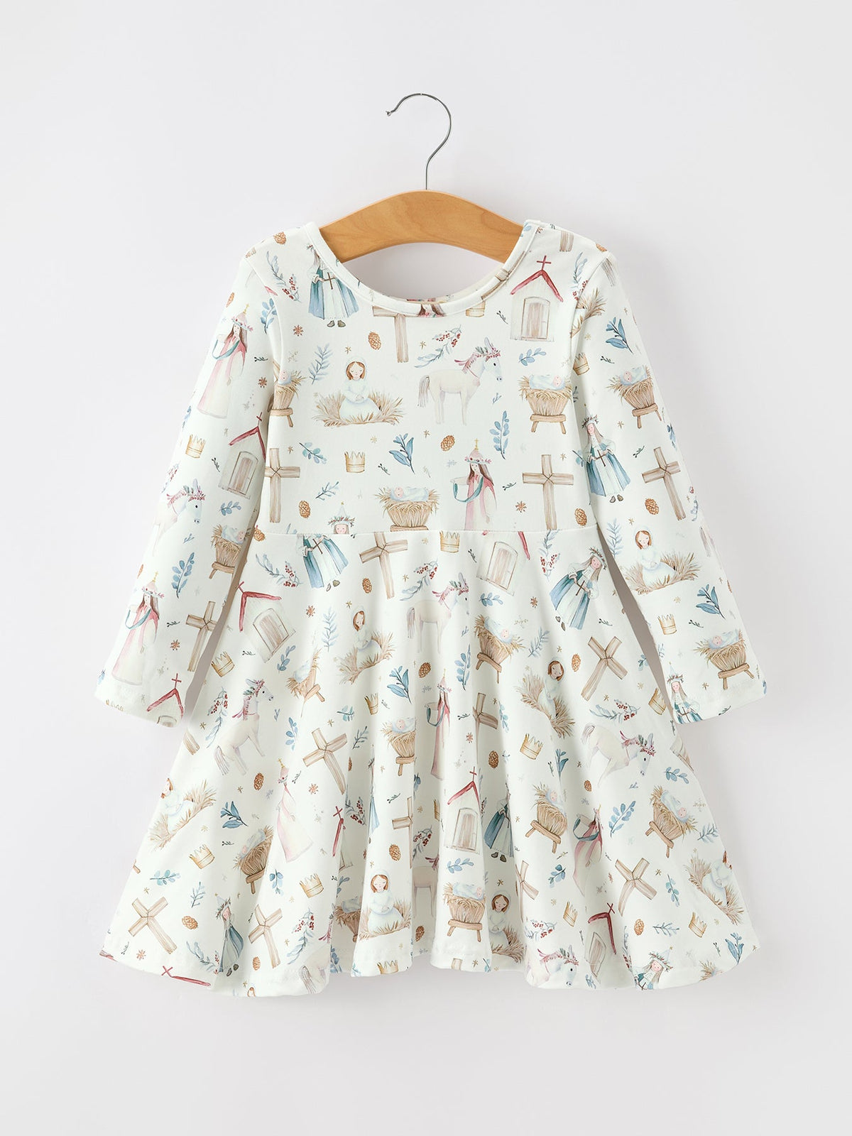 Rylee Faith Designs - Girls Nativity Scene Winter Print Twirl Dress