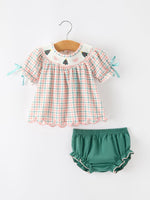 Rylee Faith Designs - Girls Christmas Plaid Smocked Bloomers Set with Tree Embroidery