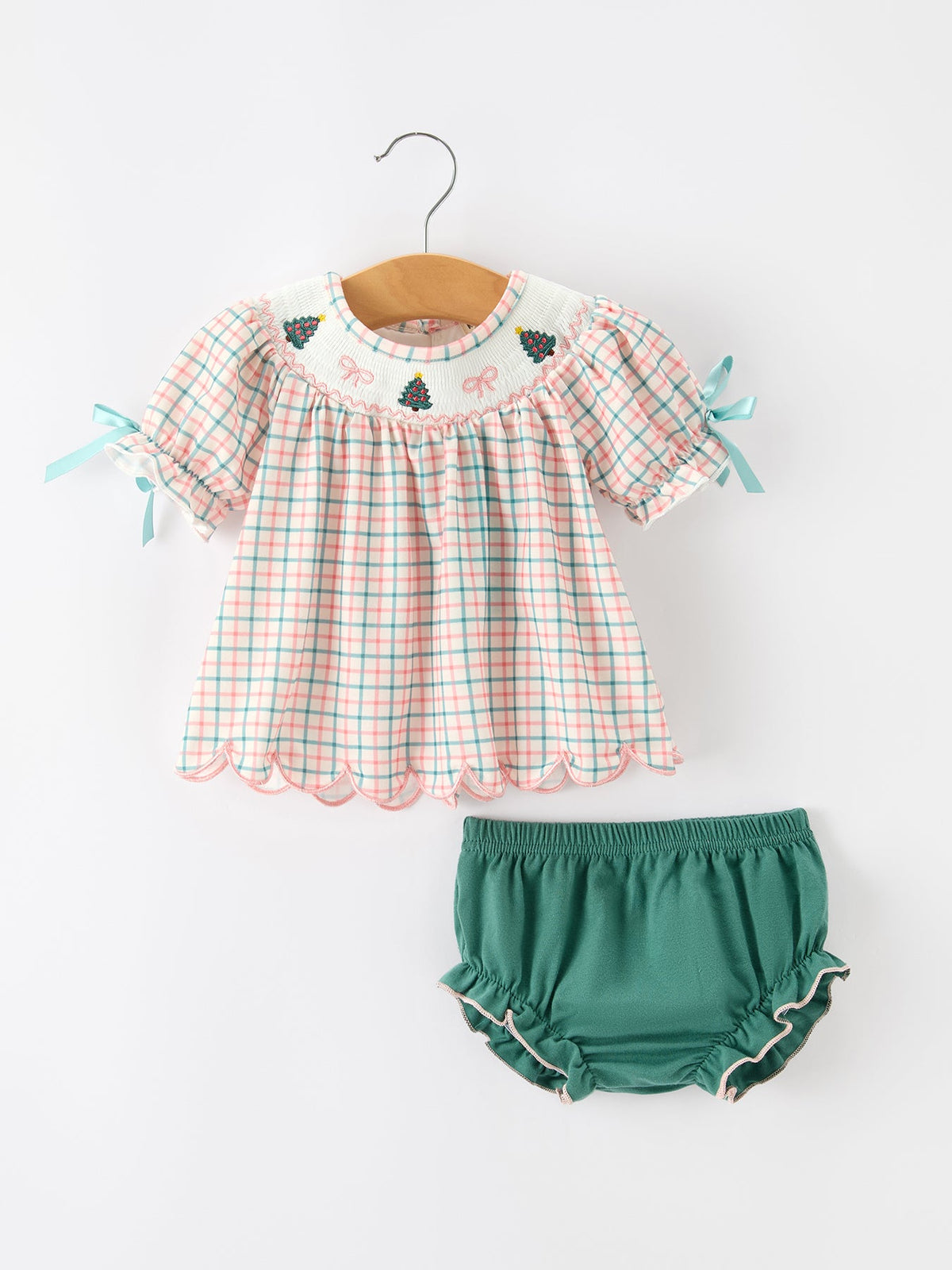 Rylee Faith Designs - Girls Christmas Plaid Smocked Bloomers Set with Tree Embroidery