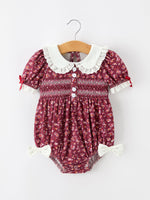Rylee Faith Designs - Burgundy Floral Smocked Baby Girl Bubble Romper Peter Pan Collar