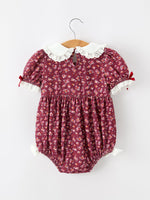 Rylee Faith Designs - Burgundy Floral Smocked Baby Girl Bubble Romper Peter Pan Collar - alternate view 2