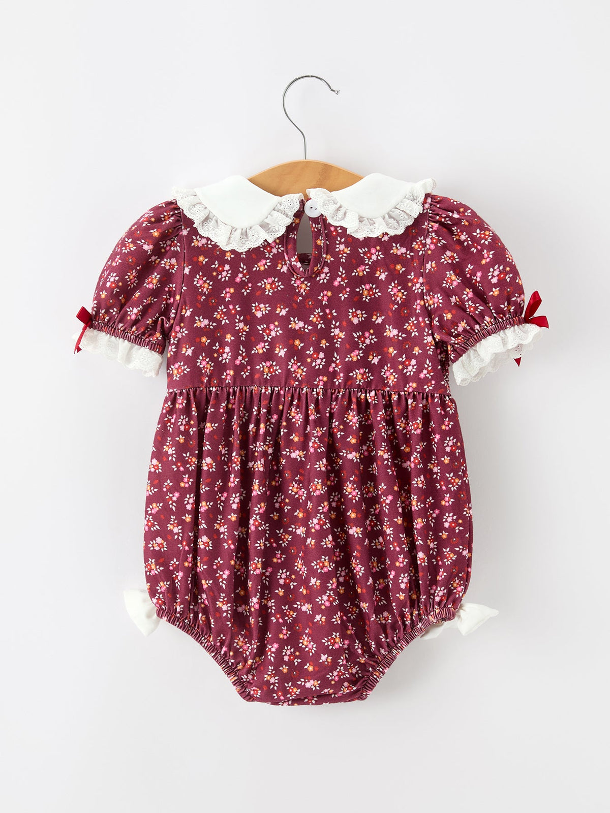 Rylee Faith Designs - Burgundy Floral Smocked Baby Girl Bubble Romper Peter Pan Collar - alternate view 2