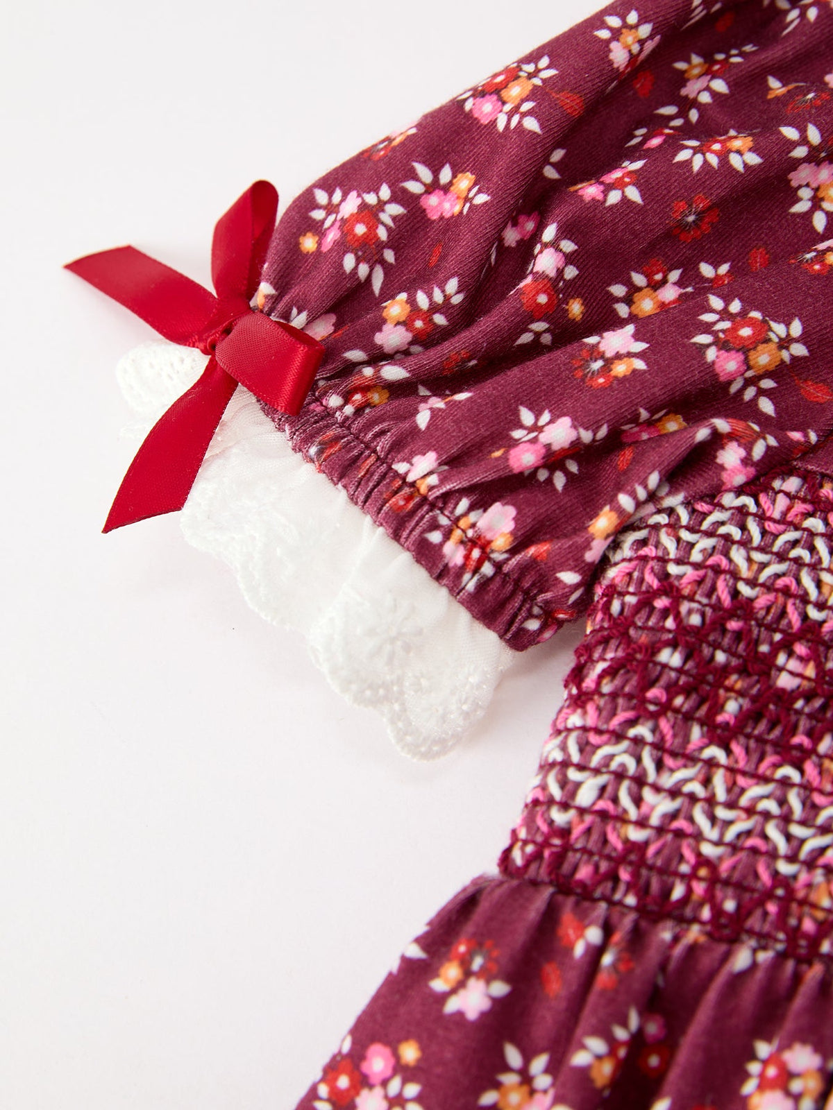 Rylee Faith Designs - Burgundy Floral Smocked Baby Girl Bubble Romper Peter Pan Collar - alternate view 4