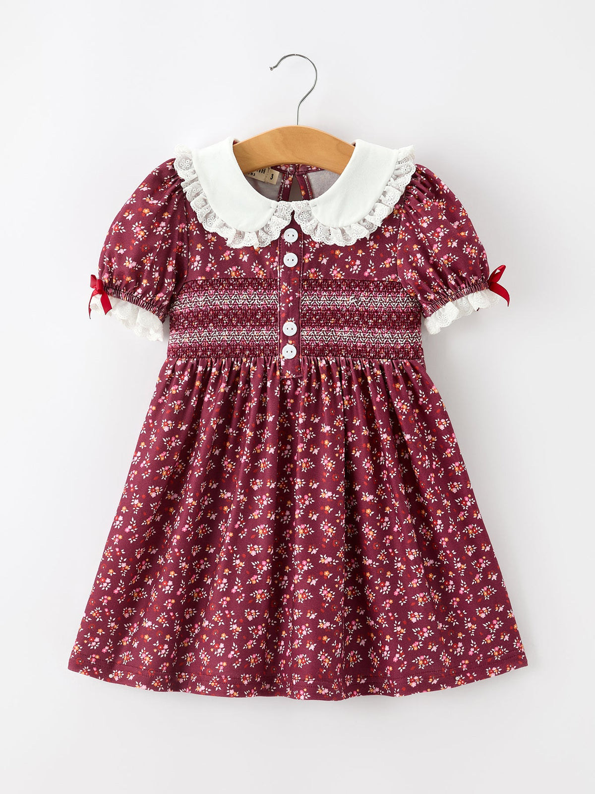 Rylee Faith Designs - Burgundy Floral Smocked Girls Dress Peter Pan Collar Lace Trim
