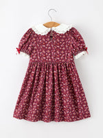 Rylee Faith Designs - Burgundy Floral Smocked Girls Dress Peter Pan Collar Lace Trim - alternate view 2