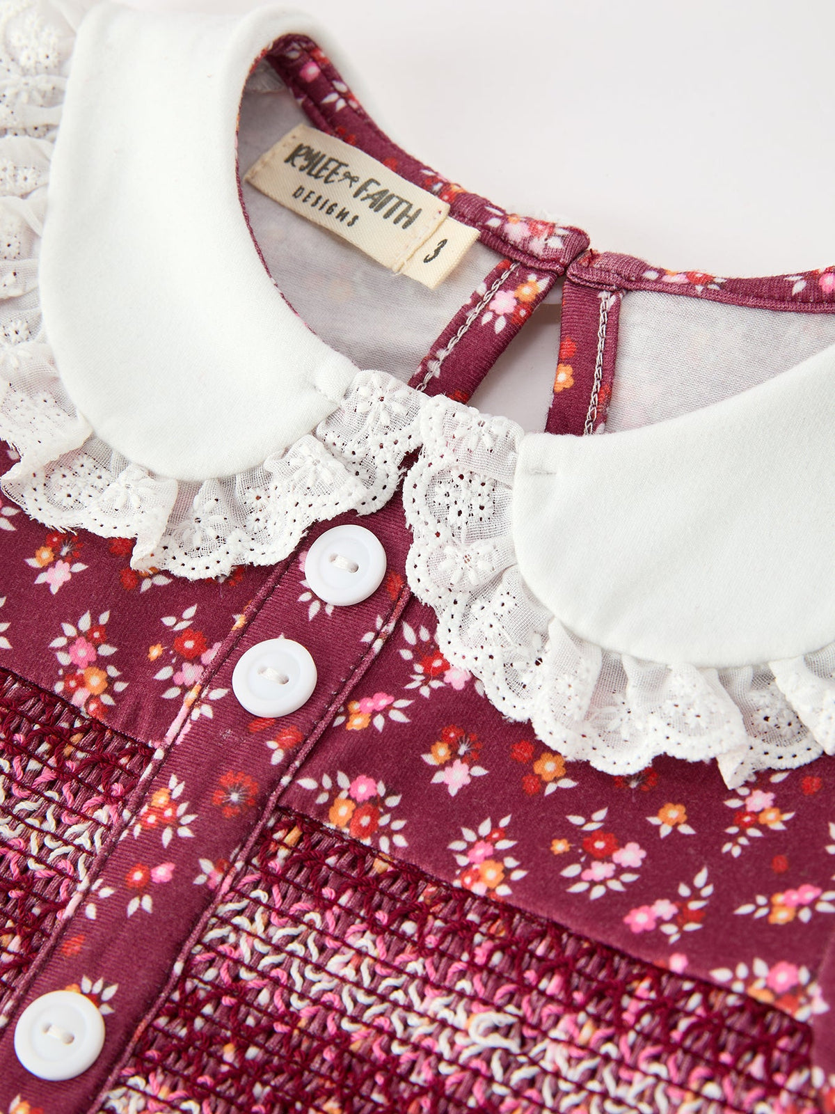 Rylee Faith Designs - Burgundy Floral Smocked Girls Dress Peter Pan Collar Lace Trim - alternate view 3