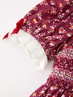 Rylee Faith Designs - Burgundy Floral Smocked Girls Dress Peter Pan Collar Lace Trim - alternate view 4
