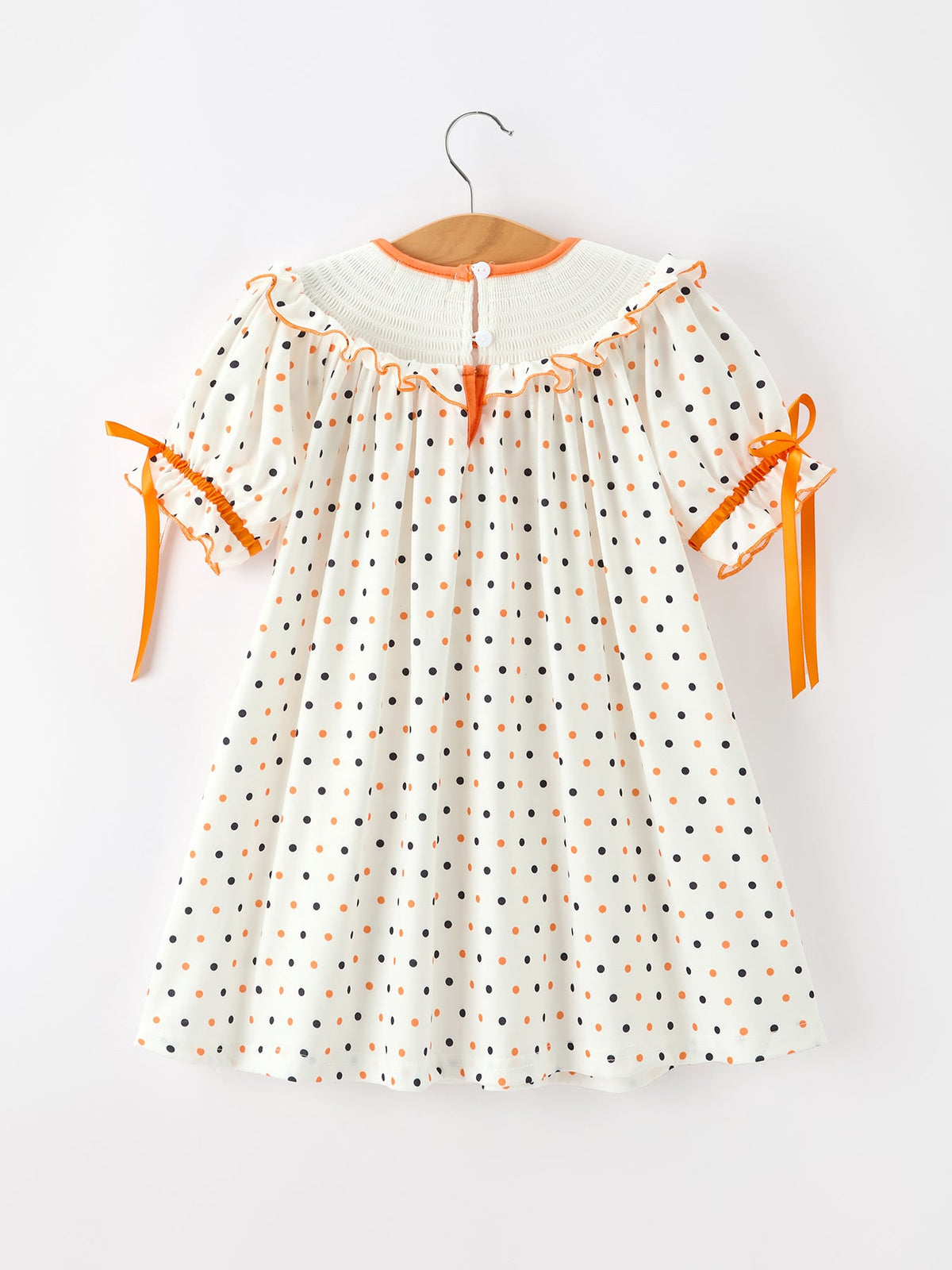 Rylee Faith Designs - Halloween Pumpkin Smocked Girls Dress Polka Dot Ruffle Sleeve - alternate view 2