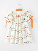 Rylee Faith Designs - Halloween Pumpkin Smocked Girls Dress Polka Dot Ruffle Sleeve - alternate view 2