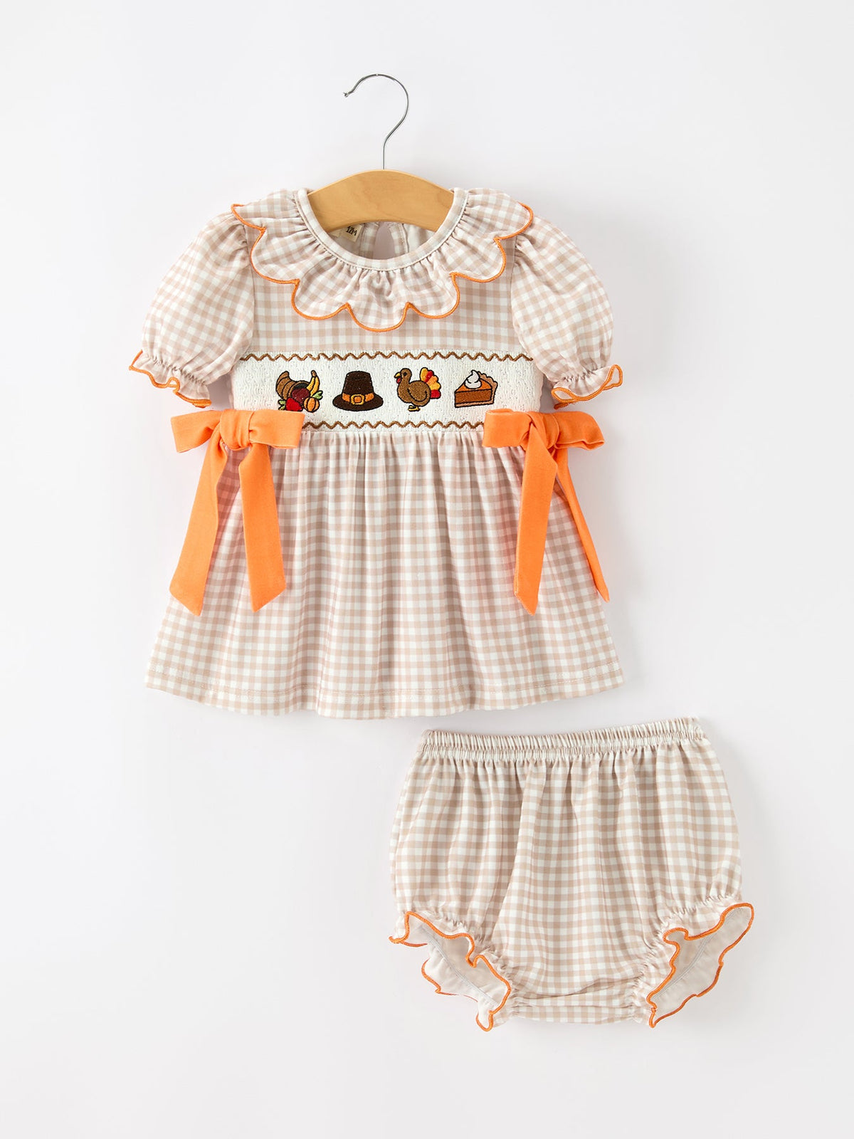 Rylee Faith Designs - Thanksgiving Smocked Girls Dress Bloomer Set Turkey Embroidery - alternate view 7
