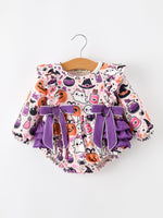 Rylee Faith Designs - Halloween Pumpkin Ghost Baby Girl Bubble Romper Ruffle Bow Detail