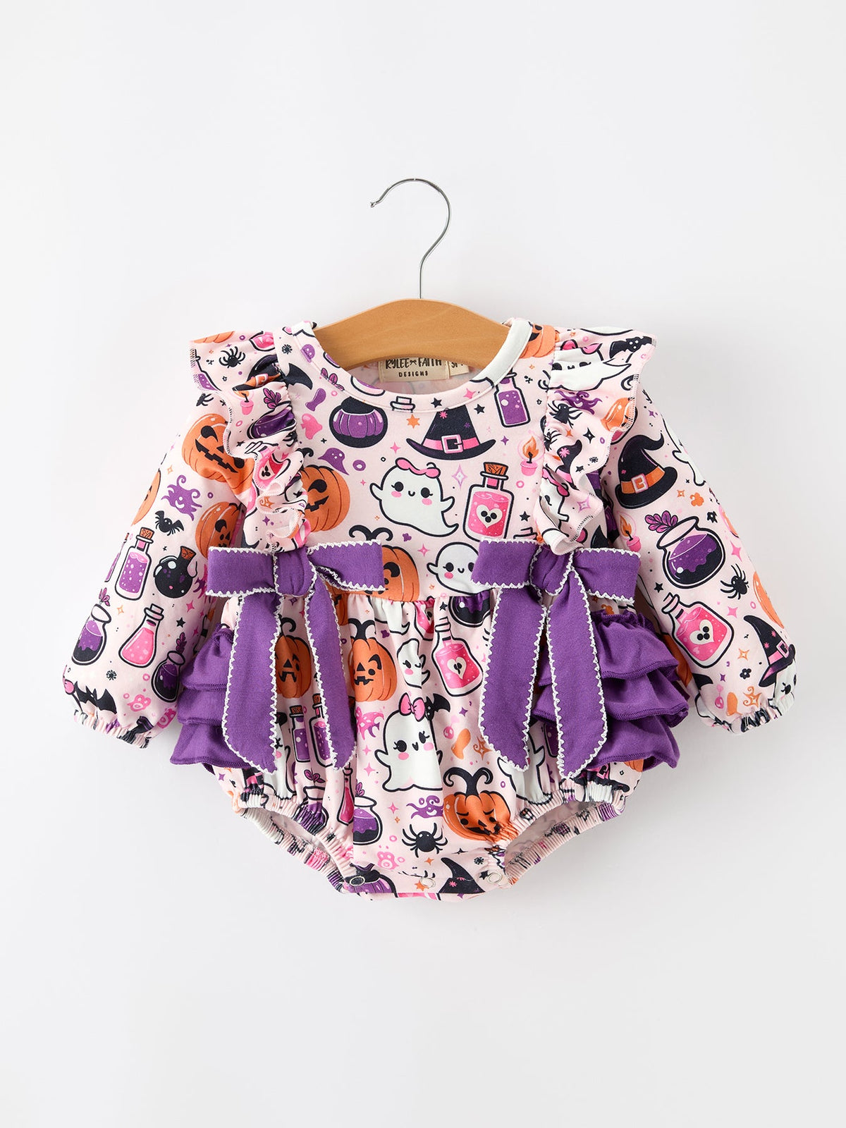 Rylee Faith Designs - Halloween Pumpkin Ghost Baby Girl Bubble Romper Ruffle Bow Detail