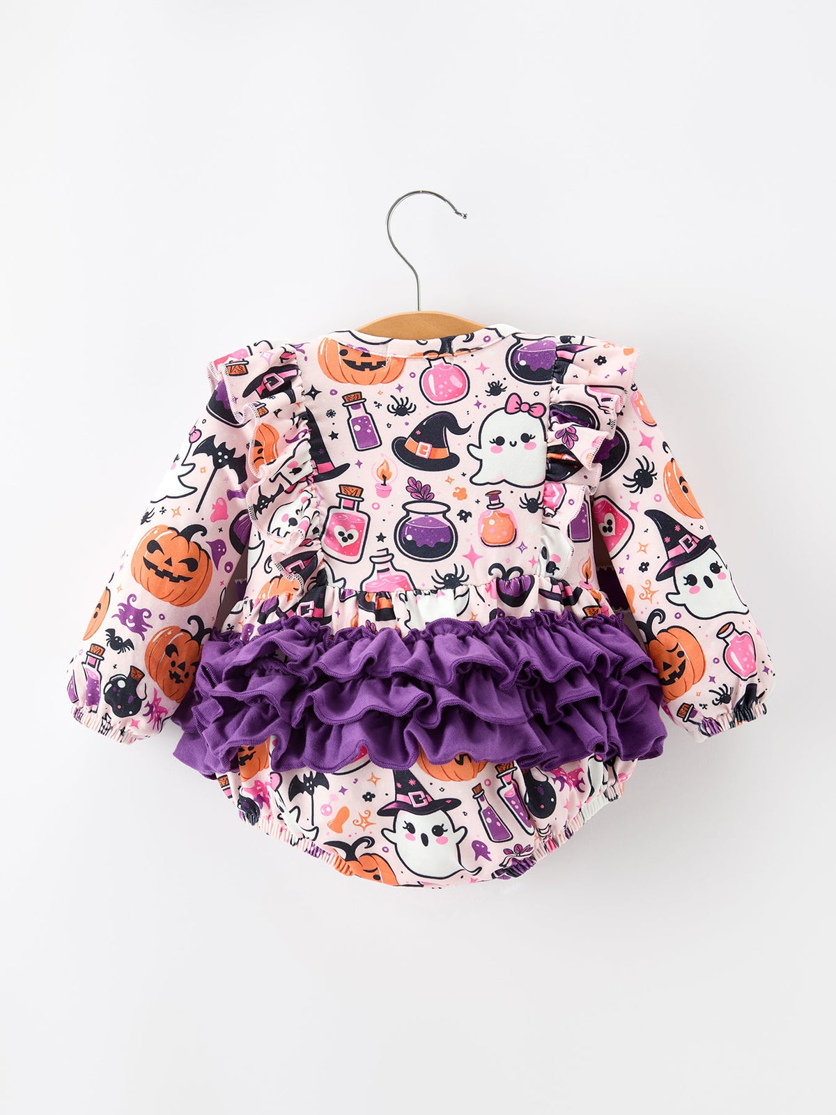 Rylee Faith Designs - Halloween Pumpkin Ghost Baby Girl Bubble Romper Ruffle Bow Detail - alternate view 2
