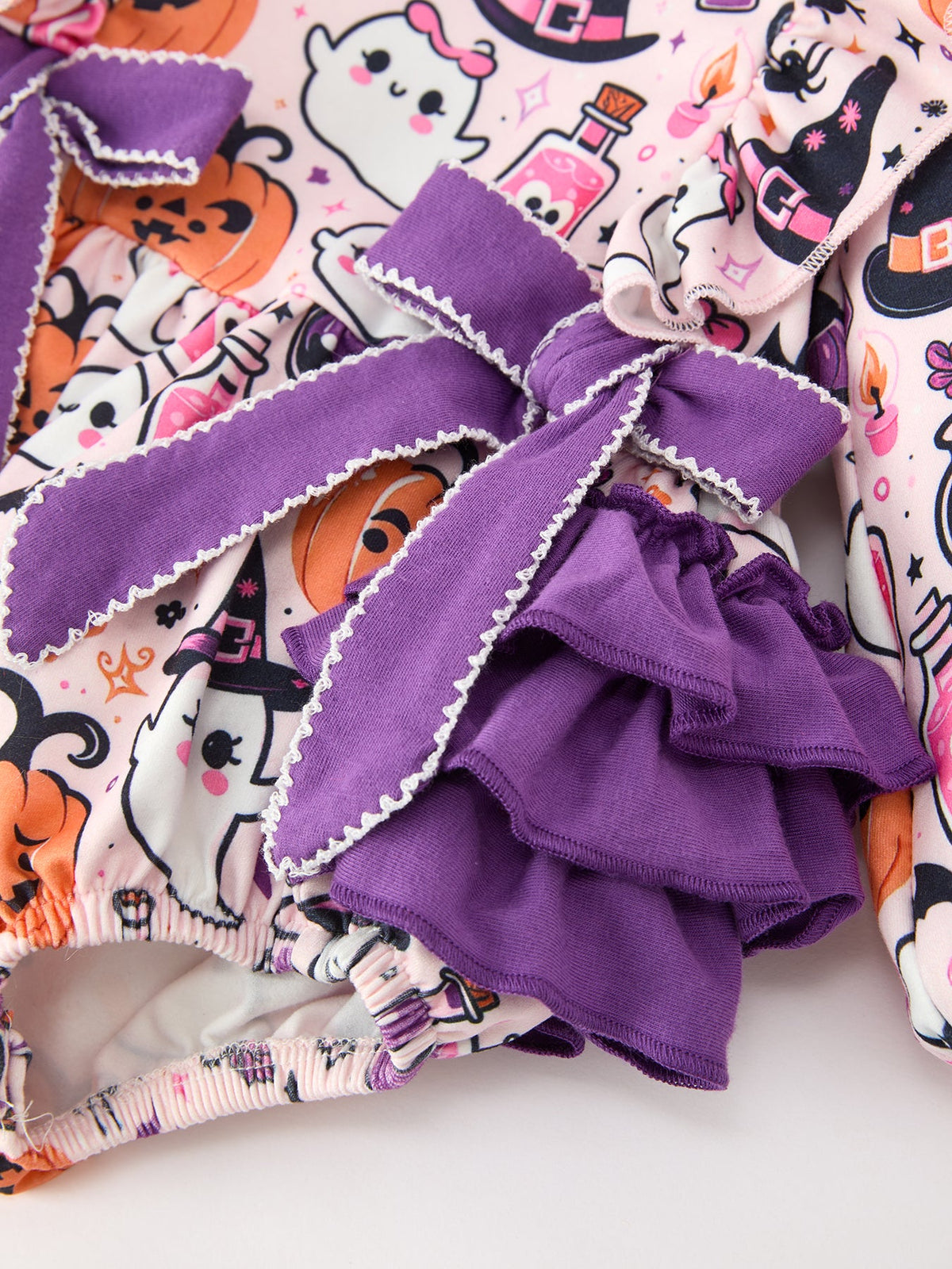 Rylee Faith Designs - Halloween Pumpkin Ghost Baby Girl Bubble Romper Ruffle Bow Detail - alternate view 3