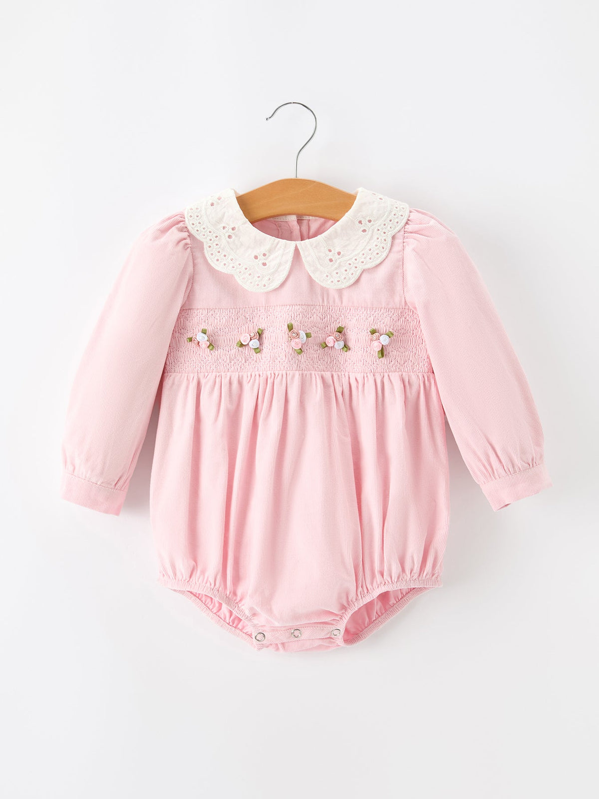 Rylee Faith Designs - Fall Pink Smocked Baby Girl Corduroy Bubble Romper Peter Pan Collar Floral Detail