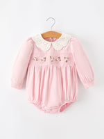 Rylee Faith Designs - Fall Pink Smocked Baby Girl Corduroy Bubble Romper Peter Pan Collar Floral Detail