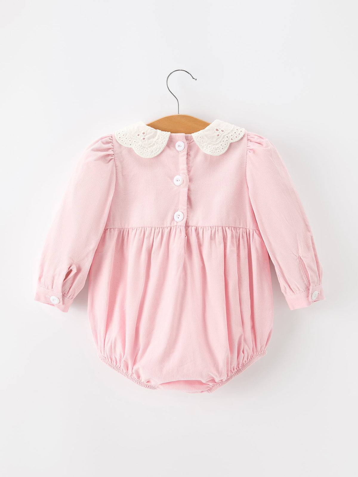 Rylee Faith Designs - Fall Pink Smocked Baby Girl Corduroy Bubble Romper Peter Pan Collar Floral Detail - alternate view 2